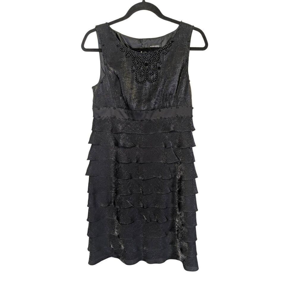 Adrianna Papell Black Tiered Sheath Dress Ruffle Shutter Pleat Satin Women's 10